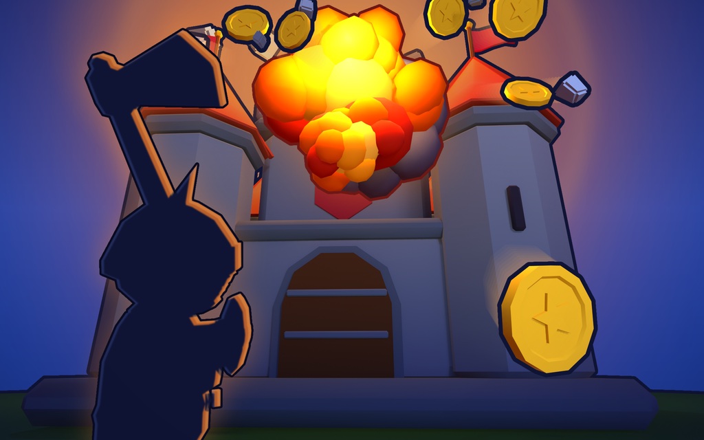 Click Clash artwork: a castle exploding into gold coins