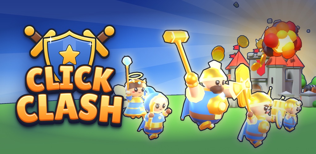 Click Clash key art: cartoon troops charging a castle