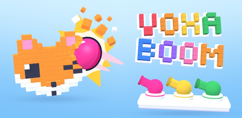 Voxaboom artwork: a voxel figure smashed into colored cubes
